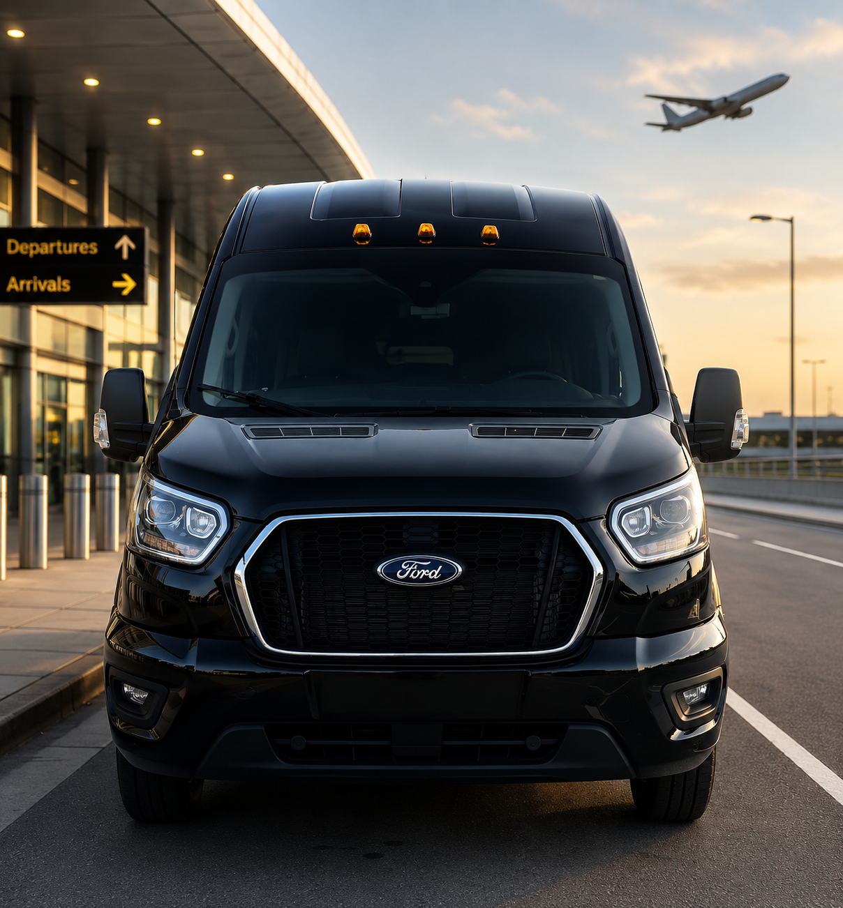 Black airport shuttle van
